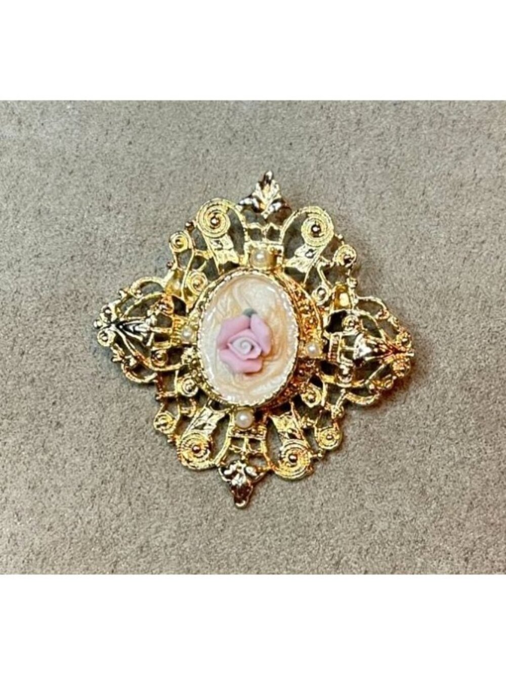 Vintage 70s Victorian Style Gold Tone Filigree Pink Porcelain Rose Cameo Brooch